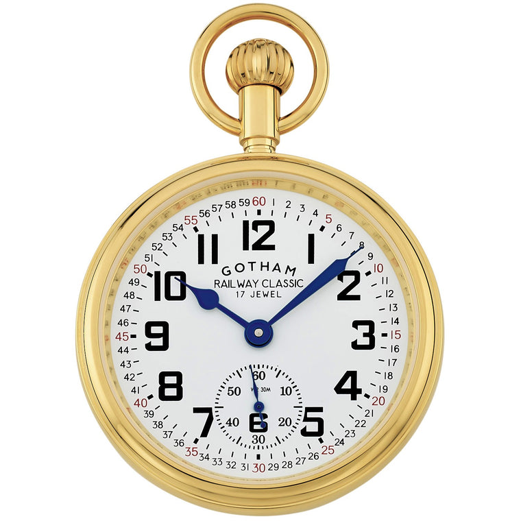 Gotham Men's Gold Plated Stainless Steel Mechanical Hand Wind Railroad Pocket Watch # GWC14111G