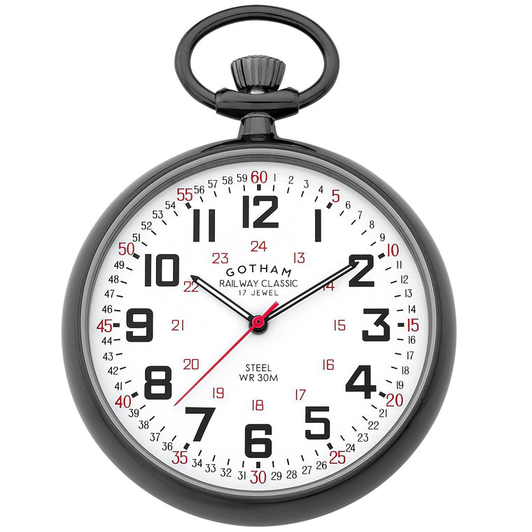 Gotham Men's Stainless Steel Gunmetal Finish Mechanical Hand Wind Railroad Pocket Watch # GWC14100B - Gotham Watch