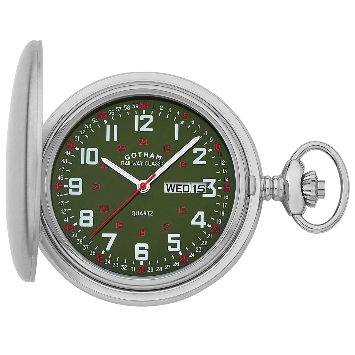 Gotham Men's Railway Classic Stainless Steel Analog Quartz Day/Date Hunter Pocket Watch # GWC14110SG
