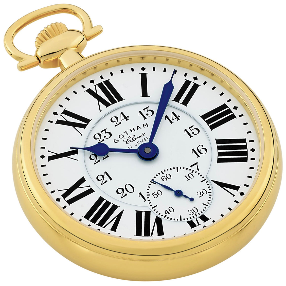 Gotham Classic Series Gold Plated Stainless Steel Open Face 17 Jewel Mechanical Hand Wind Pocket Watch # GWC14112G