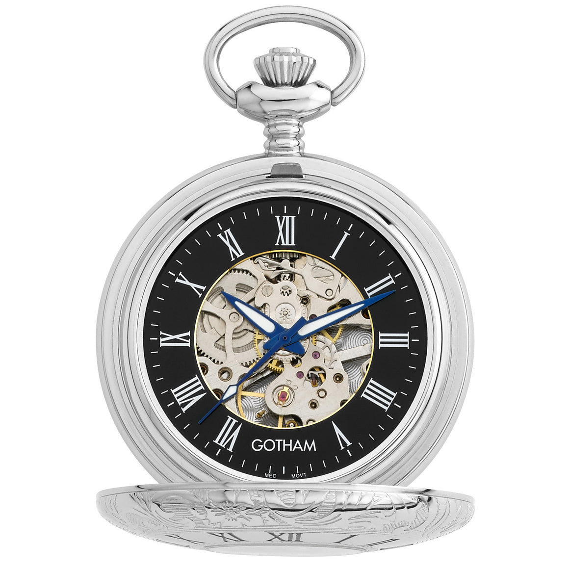 Gotham Men's Silver-Tone 17 Jewel Mechanical Exhibition Pocket Watch # GWC14040SB