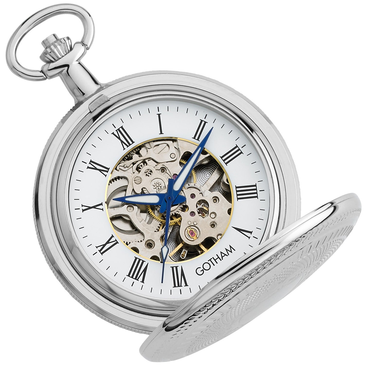 Gotham Men's Silver-Tone 17 Jewel Mechanical Double Cover Pocket