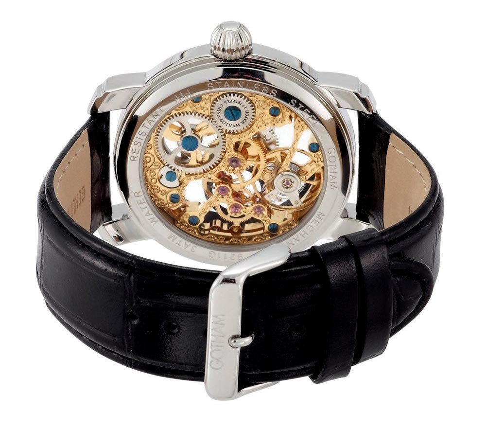 Gotham Men's Stainless Steel Mechanical Skeleton Leather Strap Watch # GWC14059B - Gotham Watch