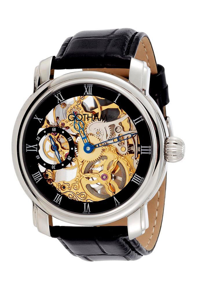 Gotham Men's Stainless Steel Mechanical Skeleton Leather Strap Watch # GWC14059B - Gotham Watch