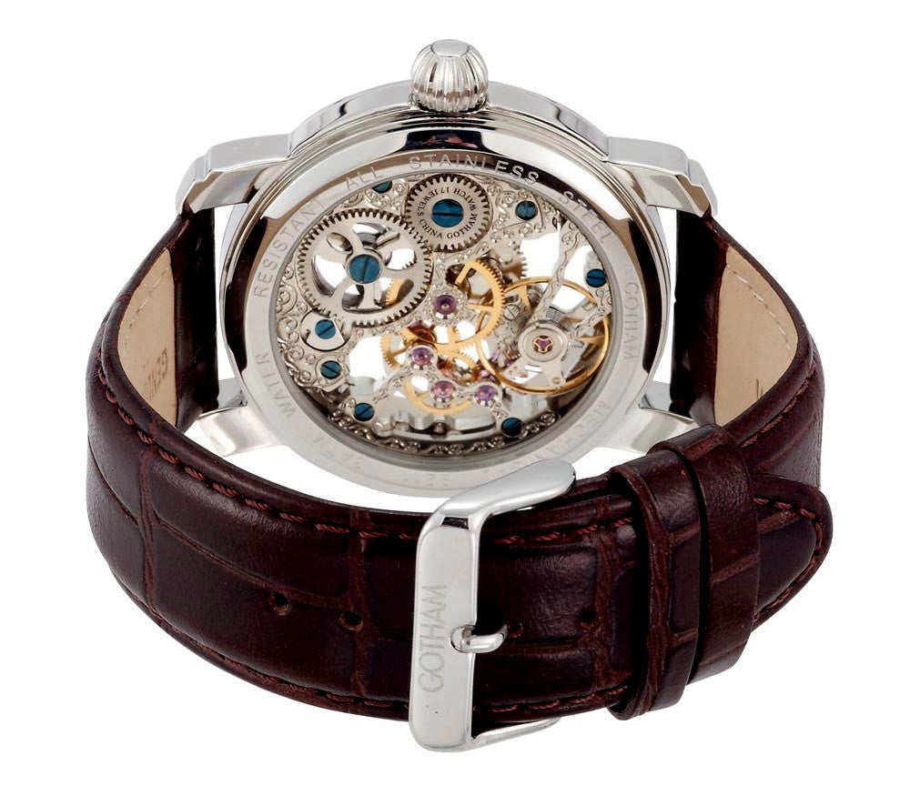 Gotham Men's Stainless Steel Mechanical Skeleton Leather Strap Watch # GWC14059W - Gotham Watch