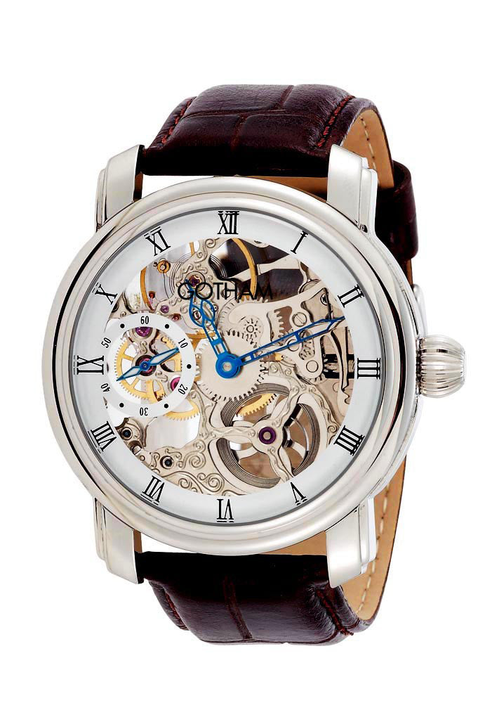 Gotham Men's Stainless Steel Mechanical Skeleton Leather Strap Watch # GWC14059W - Gotham Watch