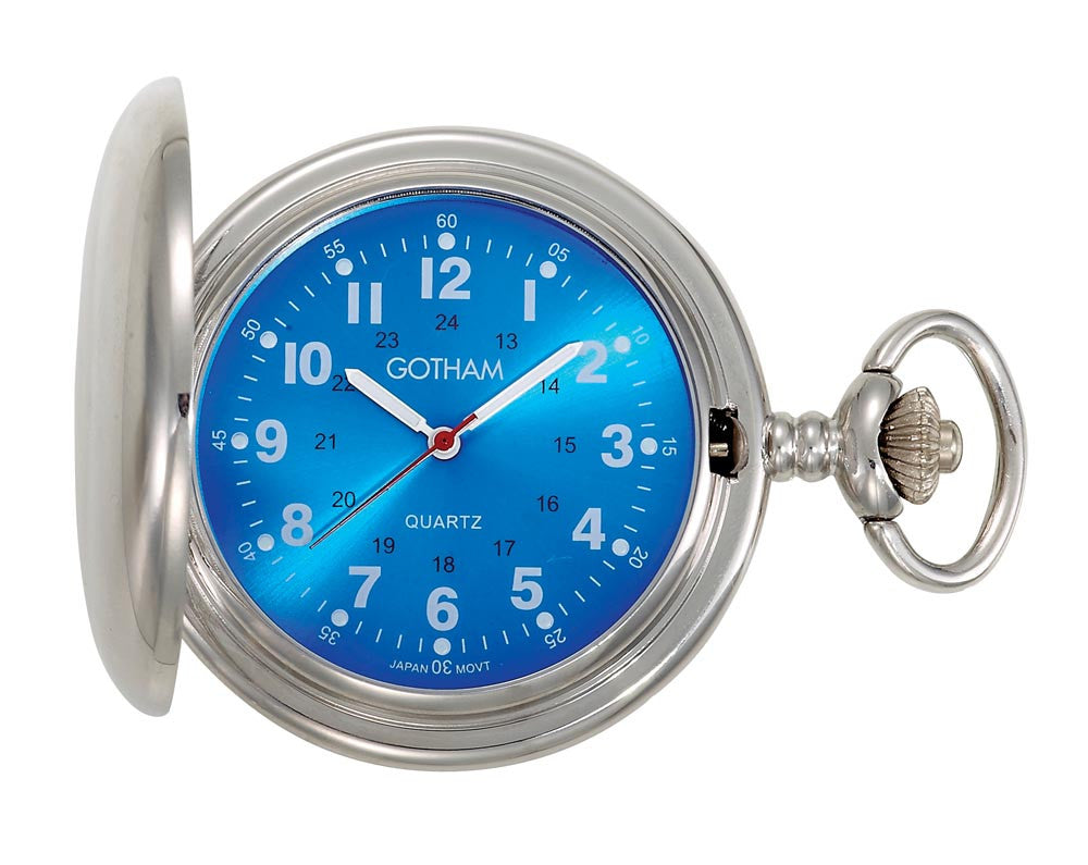 Gotham Men's Silver-Tone Blue Dial Covered Quartz Pocket Watch