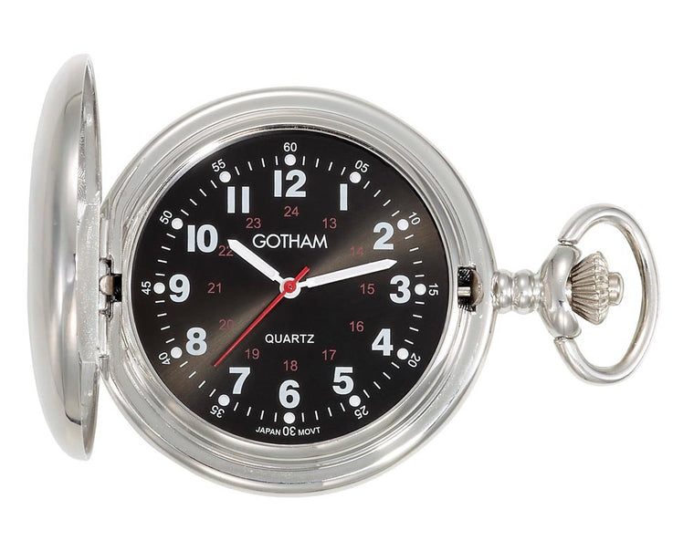 Gotham Men's Silver-Tone Black Dial Covered Quartz Pocket Watch # GWC15042SB - Gotham Watch