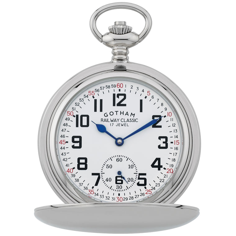 Gotham Men's Silver-Tone Railroad Dial Double Hunter 17 Jewel Mechanical Pocket Watch # GWC18806S - Gotham Watch