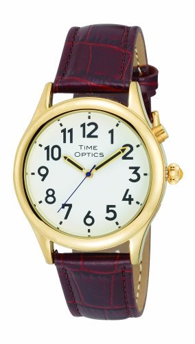 TimeOptics Men's Talking Gold-Tone Day-Date Alarm Leather Strap Watch # GWC128G
