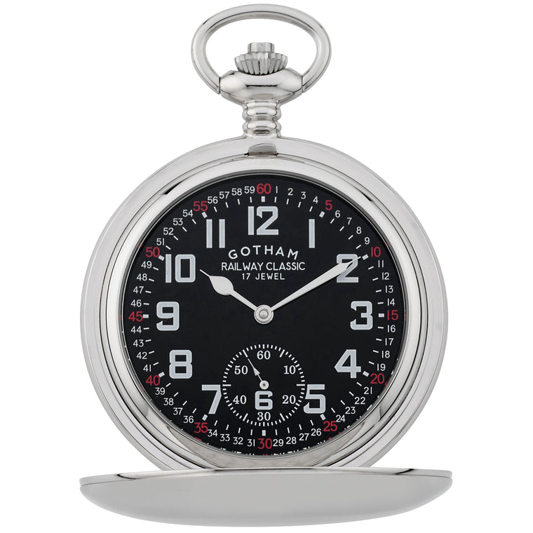 Gotham Men's Silver-Tone Railroad Dial Double Hunter 17 Jewel Mechanical Pocket Watch # GWC18806SB - Gotham Watch