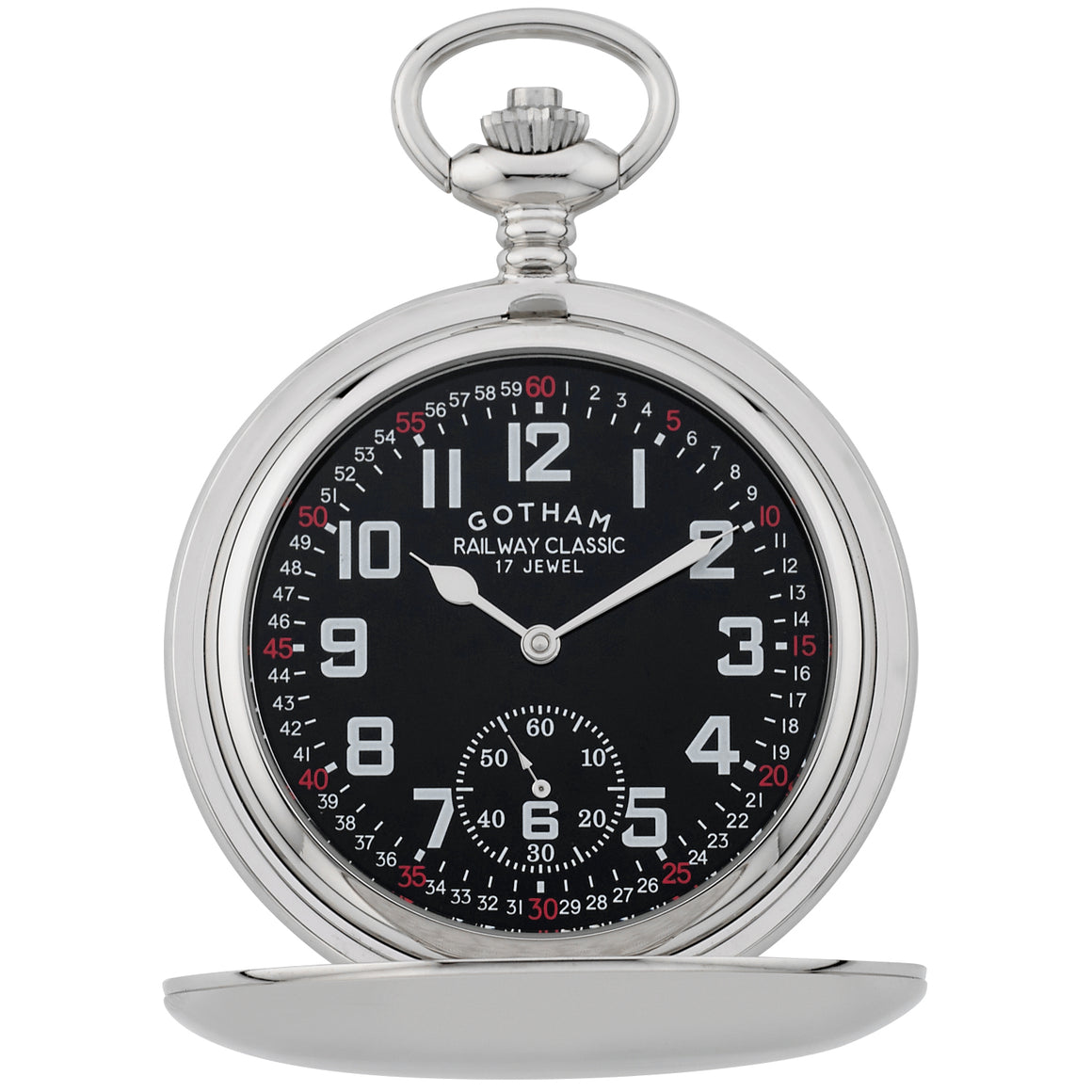 Gotham Men's Silver-Tone Railroad Dial Double Hunter 17 Jewel Mechanical Pocket Watch # GWC18806SB - Gotham Watch