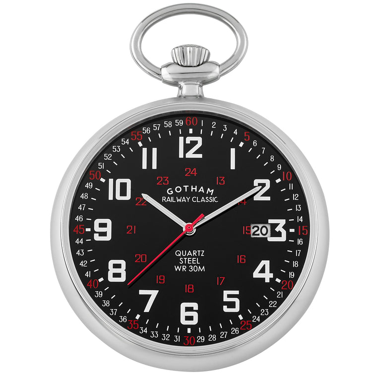 Gotham Men's Stainless Steel 30M WR Analog Quartz Date Railroad Pocket Watch # GWC14105SB - Gotham Watch