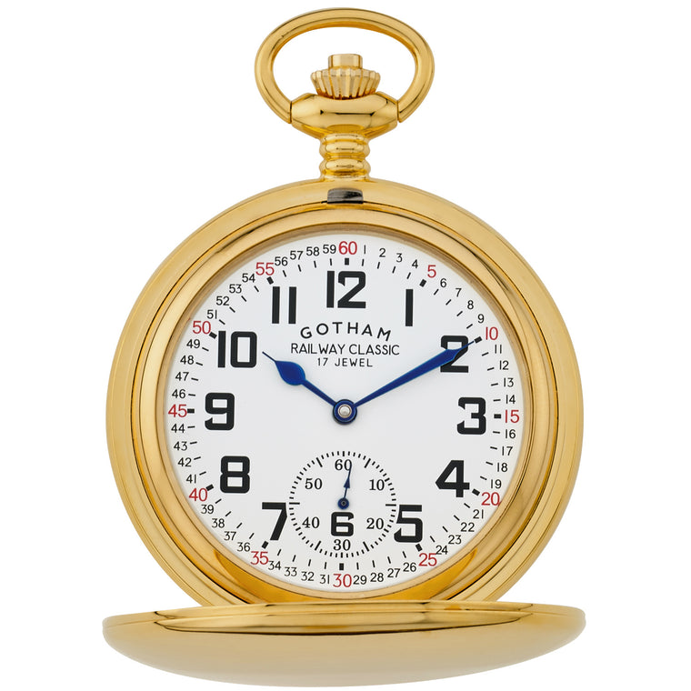 Gotham Men's Gold-Tone Railroad Style Double Hunter 17 Jewel Mechanical Pocket Watch # GWC18806G - Gotham Watch