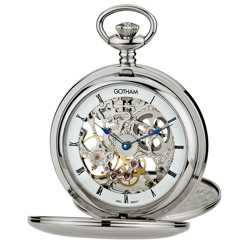 Gotham Men's Silver-Tone Double Cover Exhibition Mechanical Pocket Watch # GWC18804S