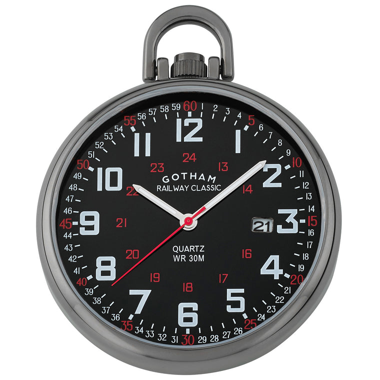 Gotham Men's Gun-Plated Stainless Steel Analog Quartz Date Railroad Style Pocket Watch # GWC14107BBK - Gotham Watch