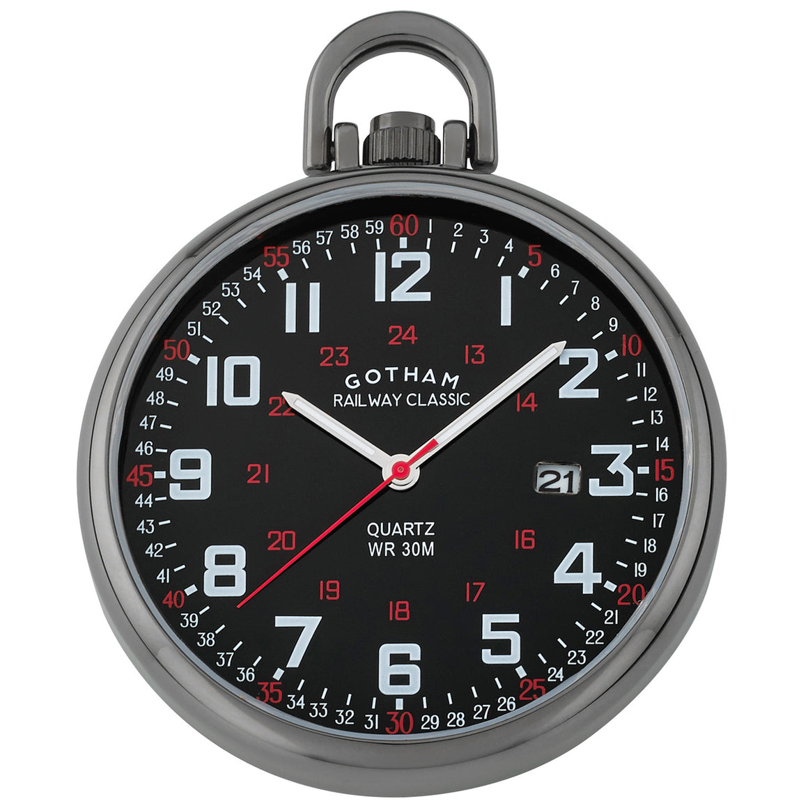 Gotham Men's Gun-Plated Stainless Steel Analog Quartz Date Railroad Style Pocket Watch # GWC14107BBK - Gotham Watch