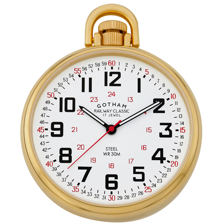 Gotham Men's Gold-Plated Stainless Steel Mechanical Hand Wind Railroad Style Pocket Watch # GWC14106G - Gotham Watch