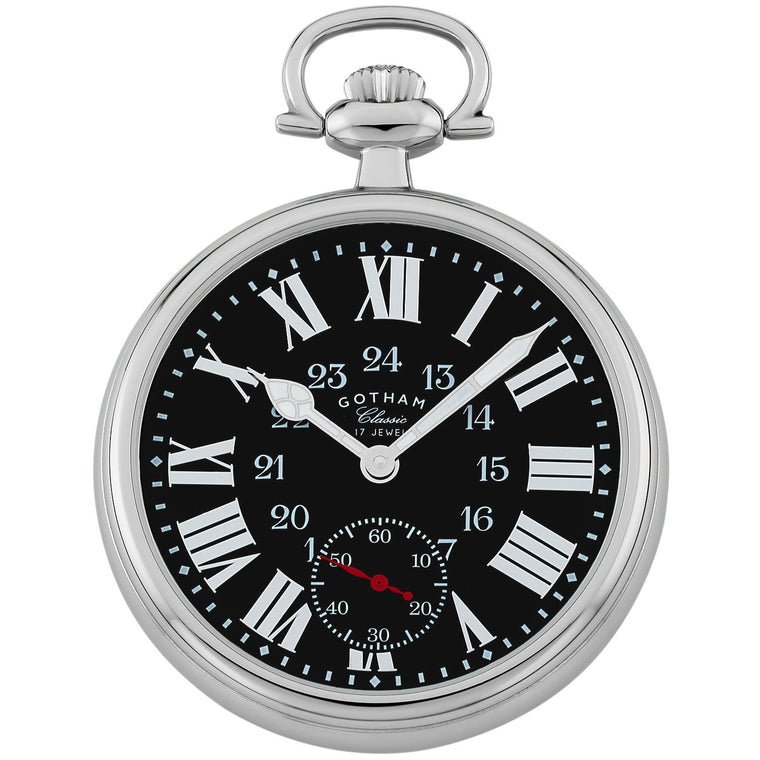 Gotham Classic Series Stainless Steel Open Face 17 Jewel Mechanical Hand Wind Pocket Watch # GWC14112SB