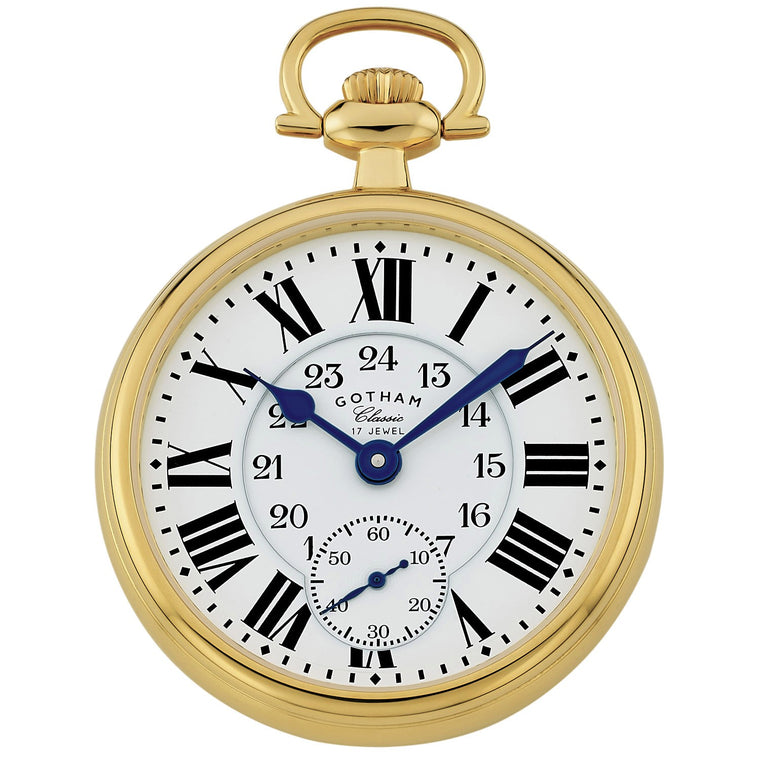 Gotham Classic Series Gold Plated Stainless Steel Open Face 17 Jewel Mechanical Hand Wind Pocket Watch # GWC14112G