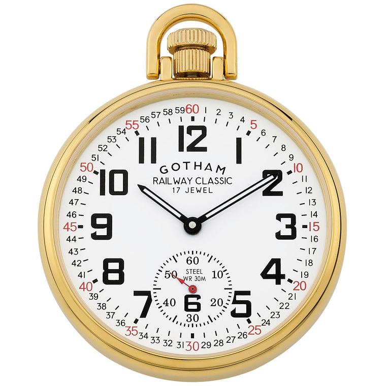 Gotham Men's Gold-Plated Stainless Steel Mechanical Hand Wind Railroad Style Pocket Watch # GWC14108G