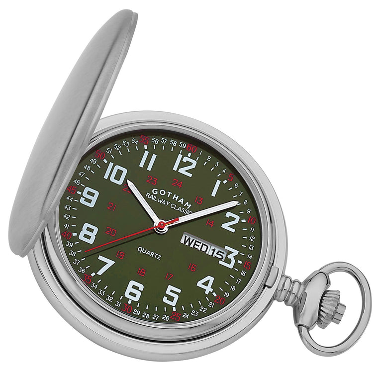Gotham Men's Railway Classic Stainless Steel Analog Quartz Day/Date Hunter Pocket Watch # GWC14110SG