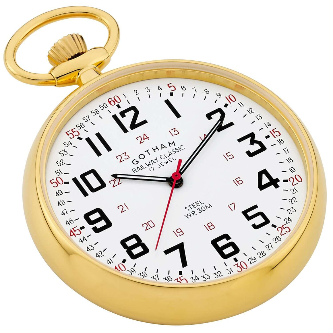 Gotham Men's Gold-Plated Stainless Steel Mechanical Railroad Pocket Watch with white railway classic dial.