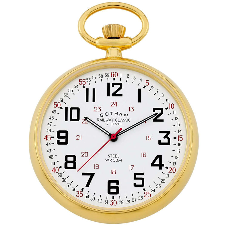 Gotham Men's Gold-Plated Stainless Steel Mechanical Railroad Pocket Watch with white railway classic dial