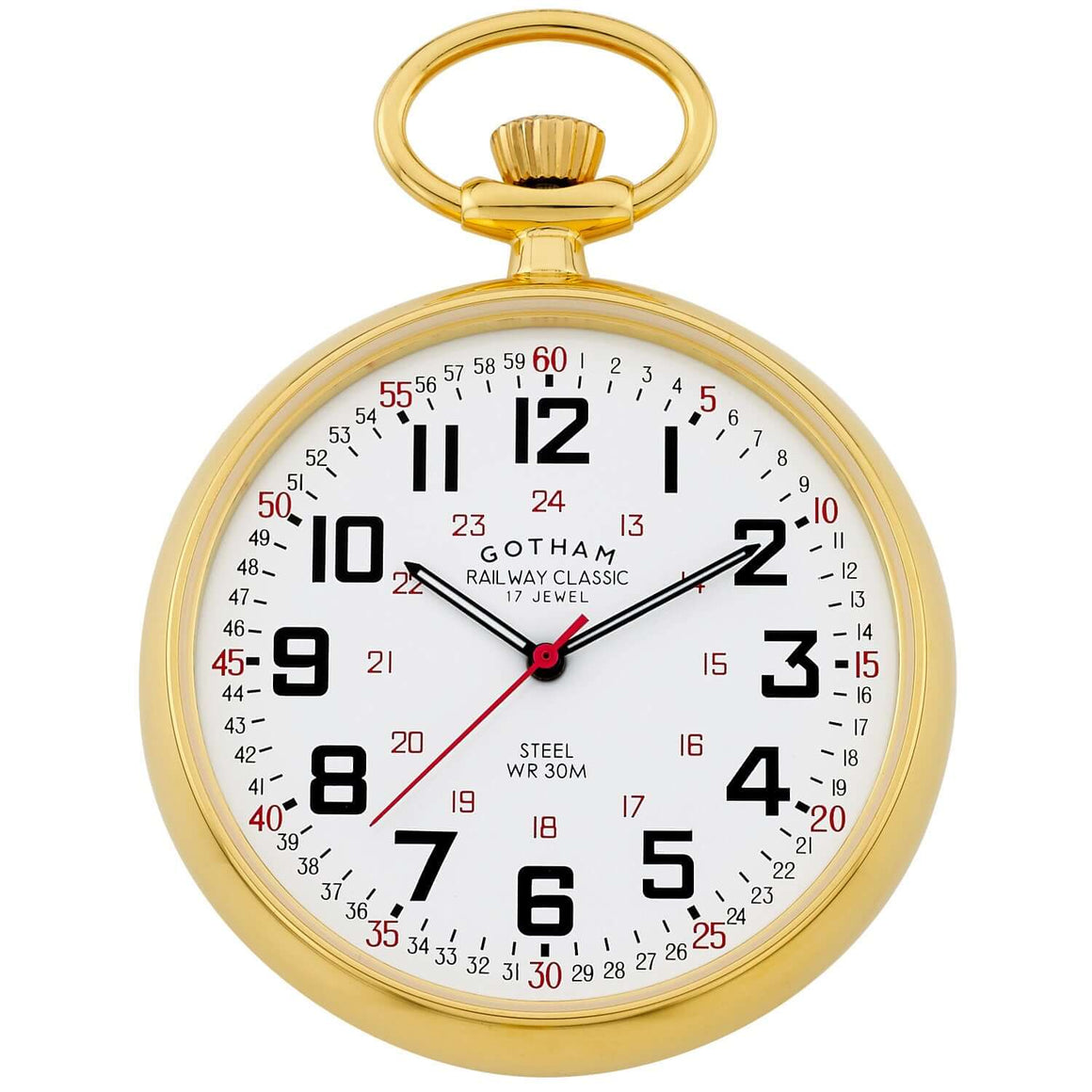Gotham Men's Gold-Plated Stainless Steel Mechanical Railroad Pocket Watch with white railway classic dial