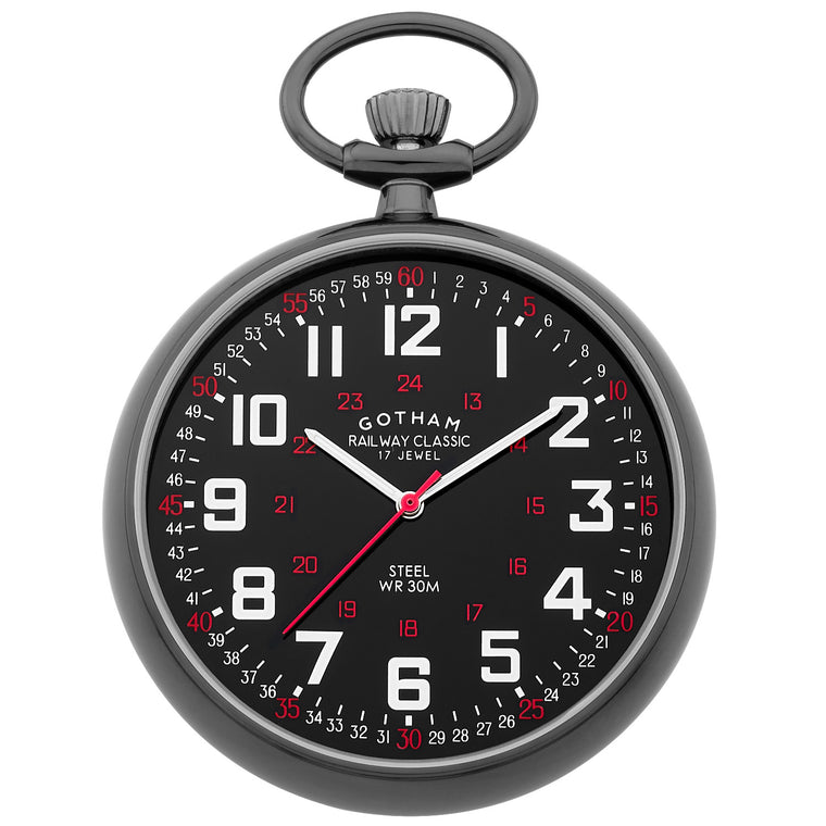 Gotham Men's Gunmetal Plated Stainless Steel Mechanical Hand Wind Railroad Pocket Watch # GWC14100BBK with black dial.