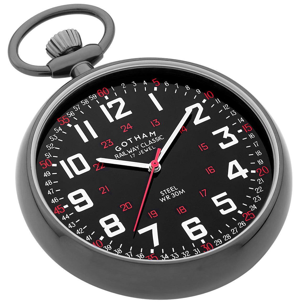 Gotham Men's Gunmetal Plated Stainless Steel Mechanical Hand Wind Railroad Pocket Watch # GWC14100BBK with black classic dial