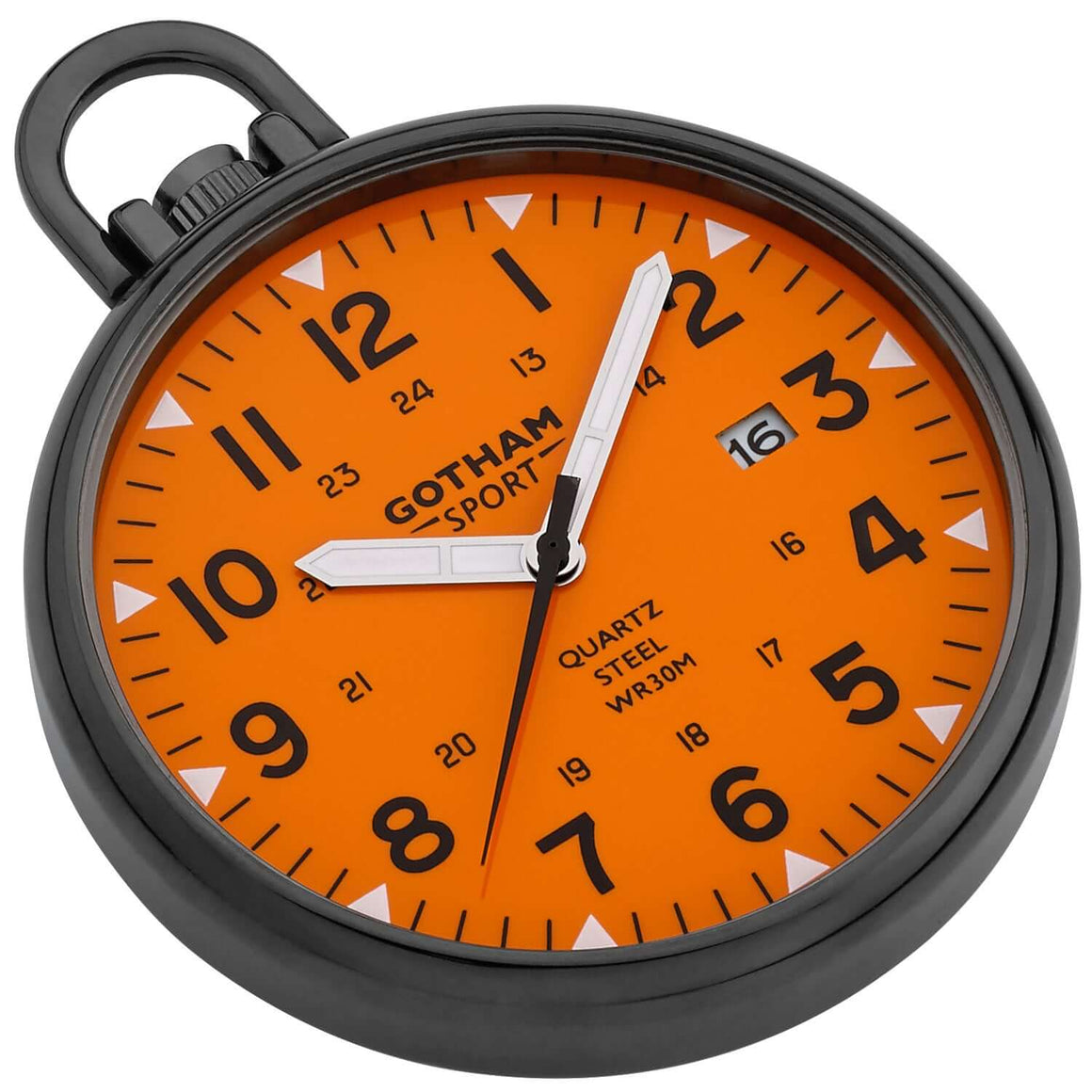 Gotham Men's Sport Series stainless steel analog quartz pocket watch with orange dial, luminous hands, and date display.