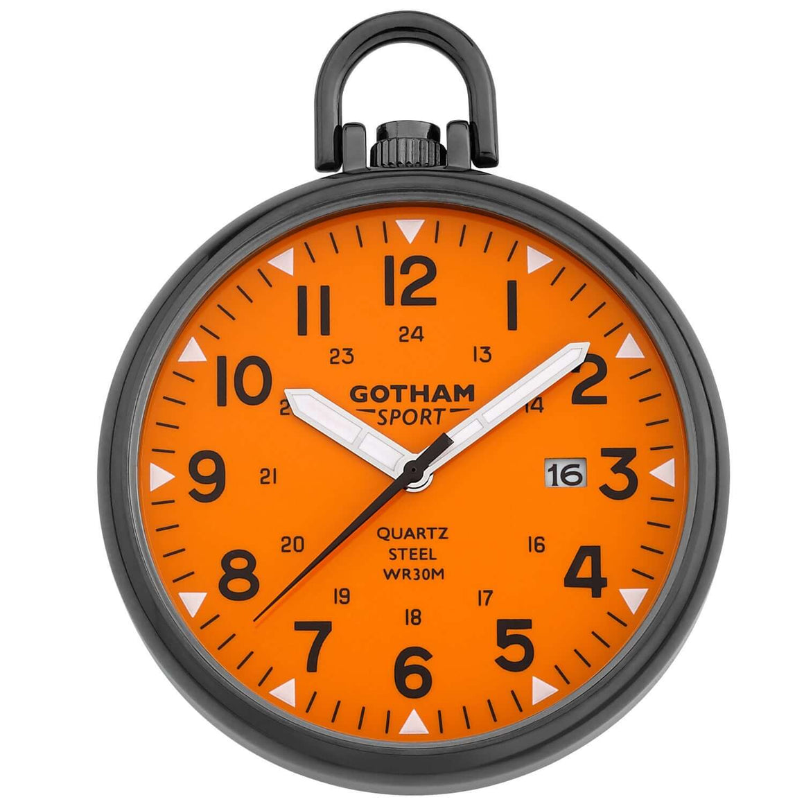 Gotham Men's stainless steel analog quartz pocket watch with orange dial and luminous hands.