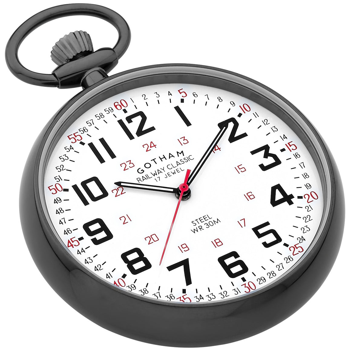 Gotham Men's Stainless Steel Gunmetal Finish Mechanica Railroad Pocket Watch with white railway classic dial.